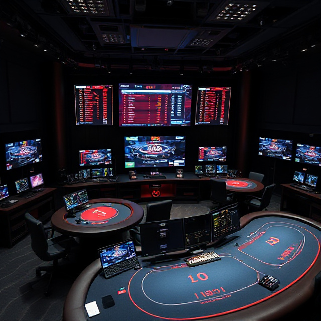 Live dealer studio control room with baccarat monitors