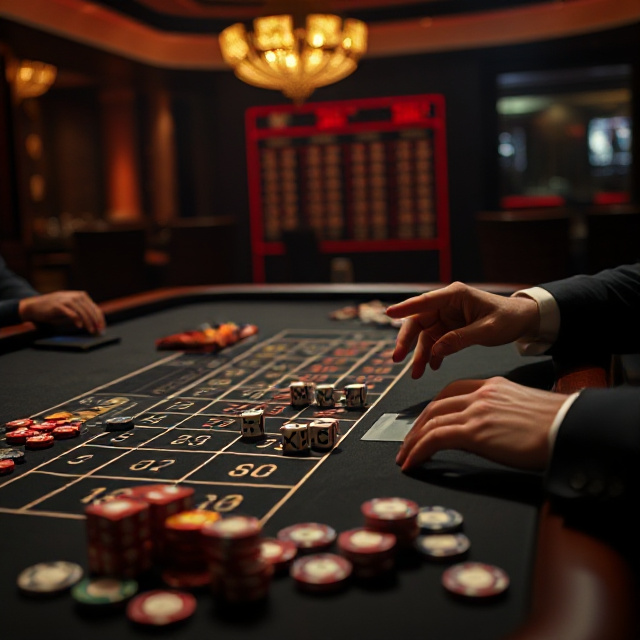 Player calculating Sic Bo odds with dice and chips