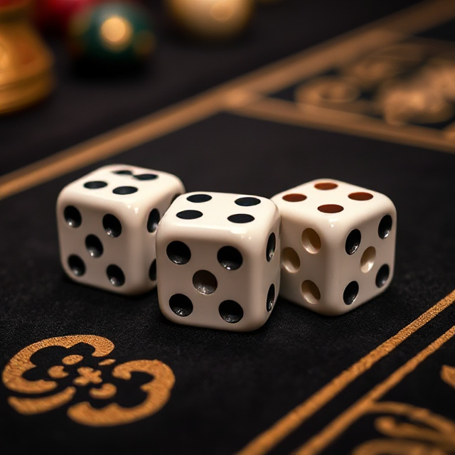 Three dice showing different faces on a Sic Bo table