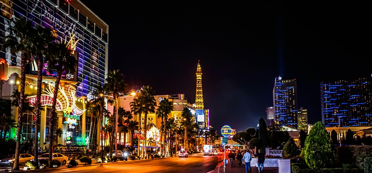 Casino skyline at night with neon lights
