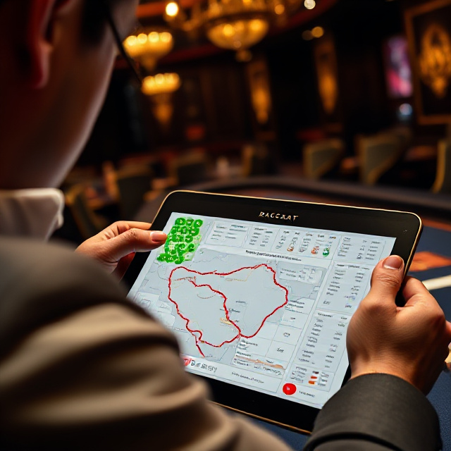 Player analysing a baccarat roadmap on a tablet at a casino